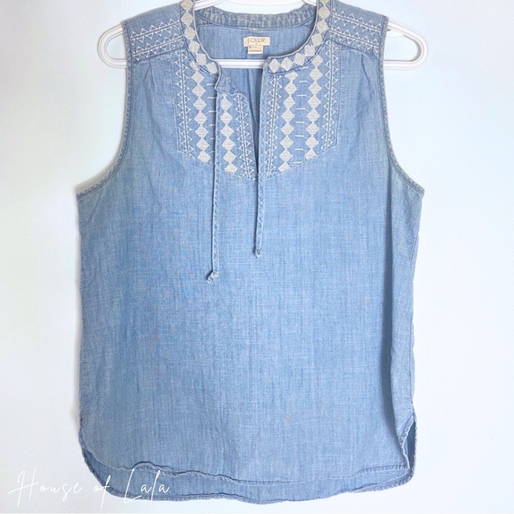 J. Crew Chambray Tank Top. Embroidered Detail. Sleeveless Summer Casual Blouse